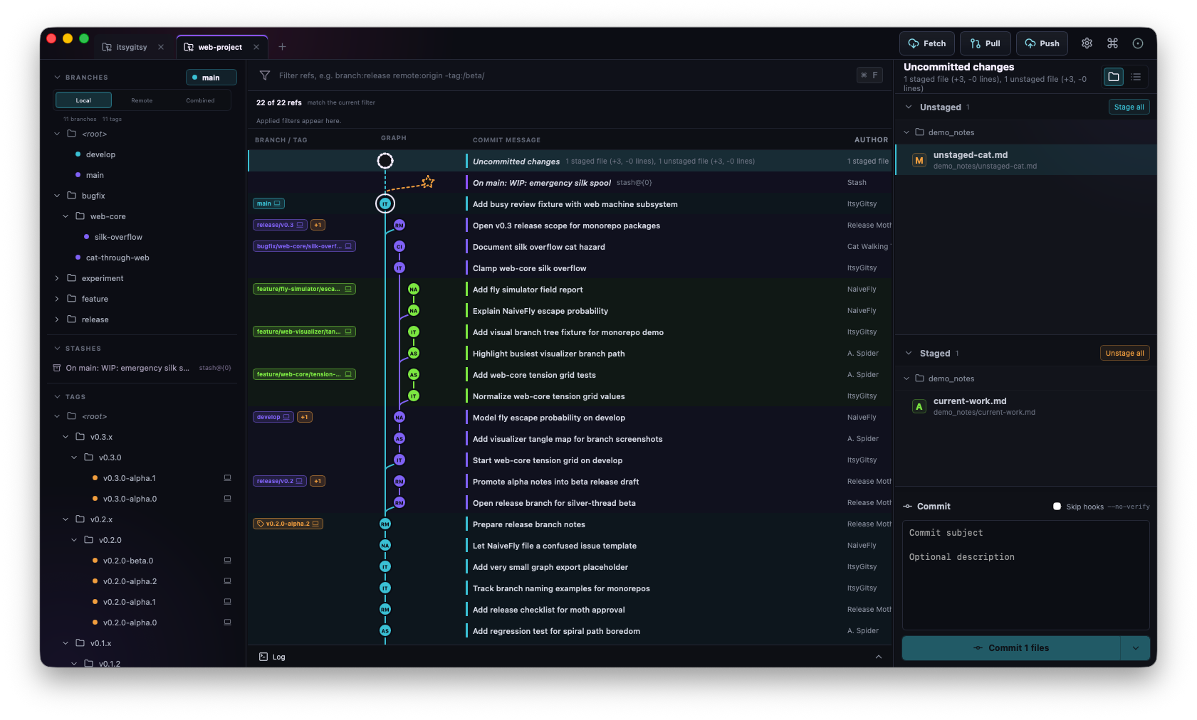 ItsyGitsy graph view showing repository history and branch lanes