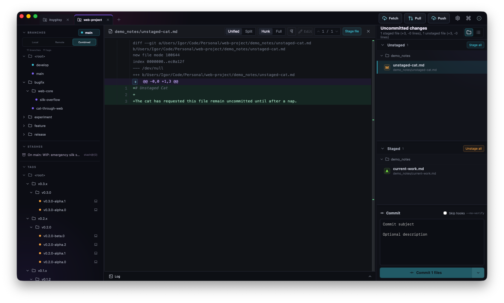 ItsyGitsy staging area showing changed files and commit controls
