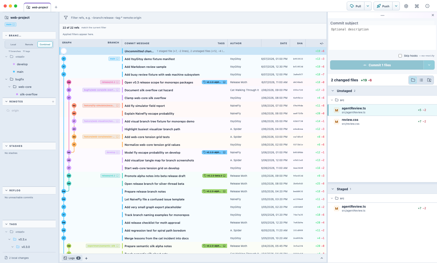 ItsyGitsy commit graph in dark and light themes