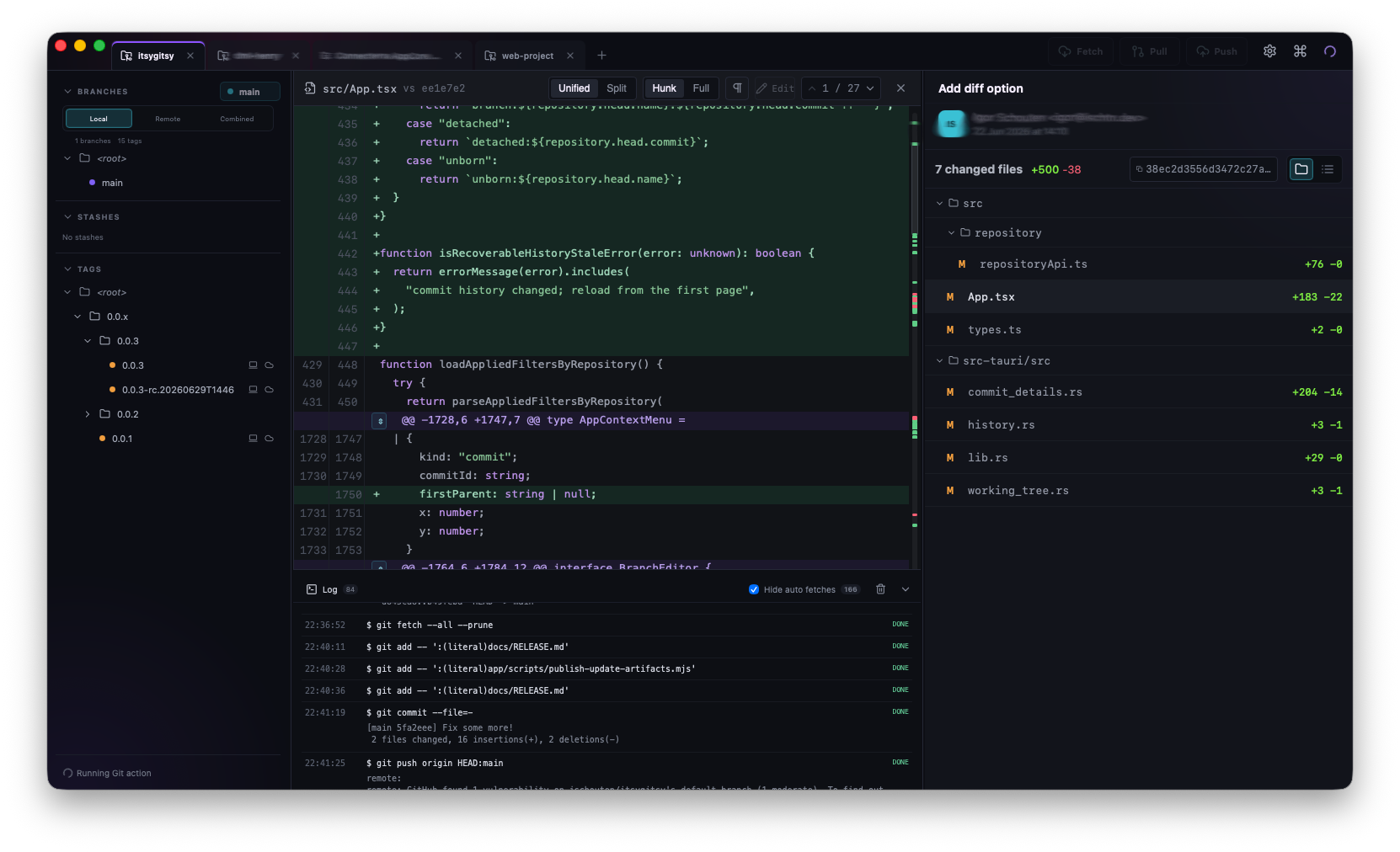 ItsyGitsy transparent Git log showing executed Git commands